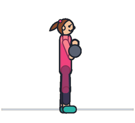 Vimlo's animated demonstration of a goblet squat: a cartoon figure holding a kettlebell at the chest squats down and stands back up.